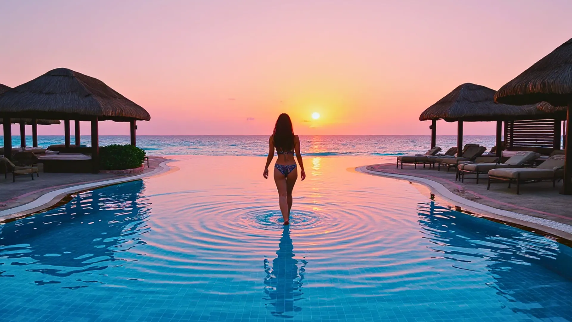 Woman walking into the infinity pool at Marriott Cancun during sunrise, with pink and orange skies reflecting on the calm Caribbean waters.
