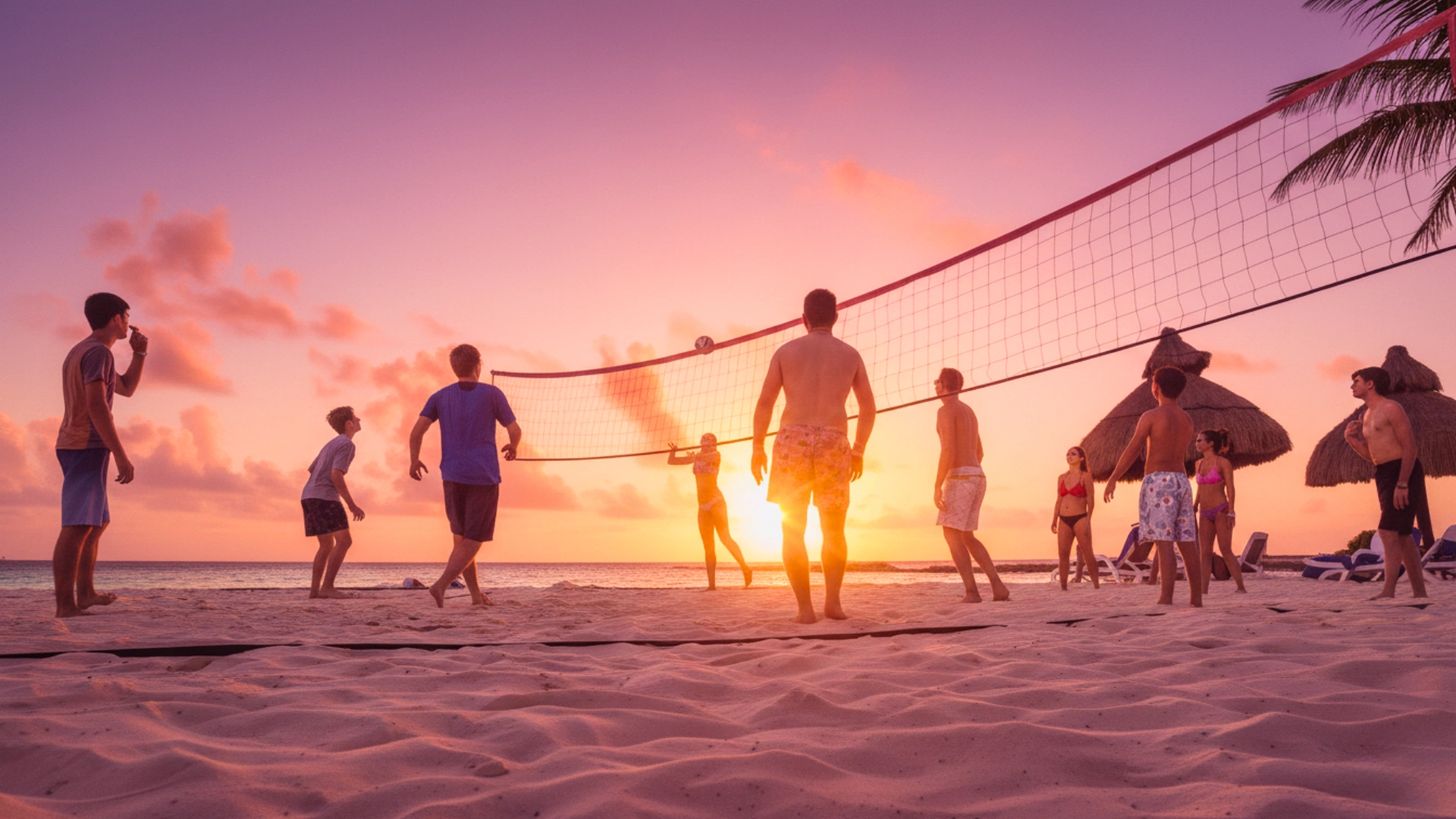 A group of kids and adults playing volleyball on the beach at sunset, with tropical umbrellas in the background.