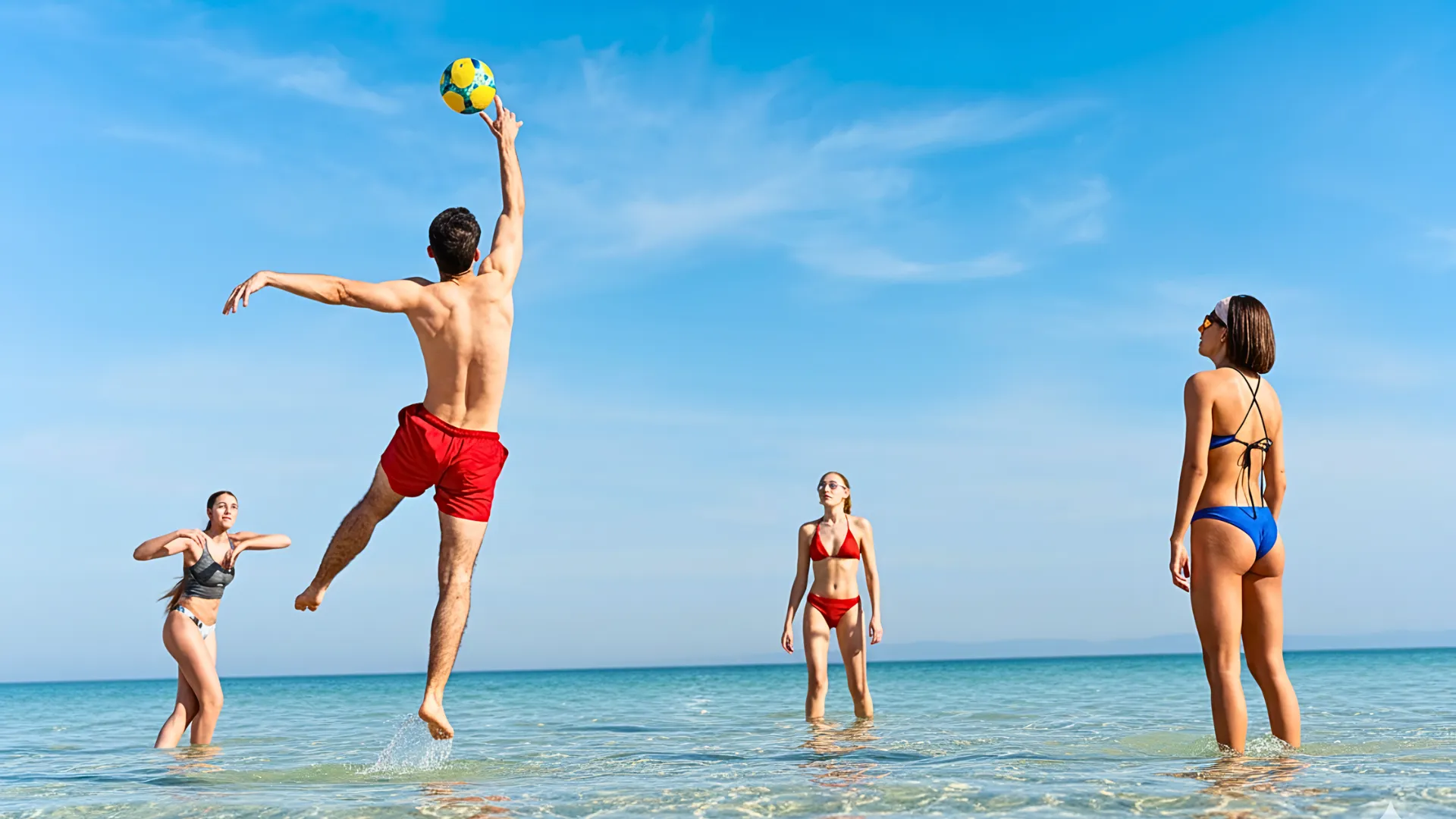 Guests playing beach volleyball in the shallow turquoise water at Dreams Riviera Cancun.