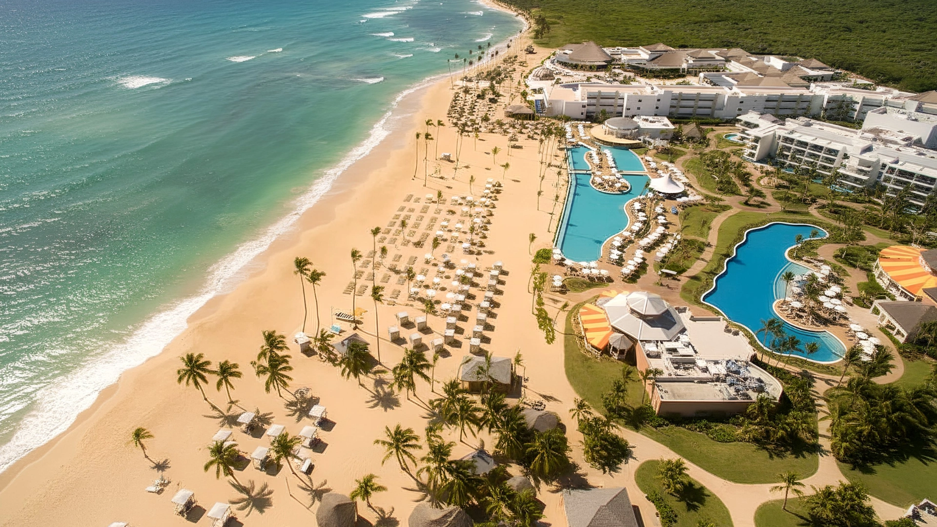 Aerial view of Nickelodeon Hotels & Resorts Riviera Maya on the Caribbean coastline near Cancun.