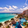 A stunning view of Fiesta Americana Cancun — where elegant beachfront pools meet the crystal-clear Caribbean waters.