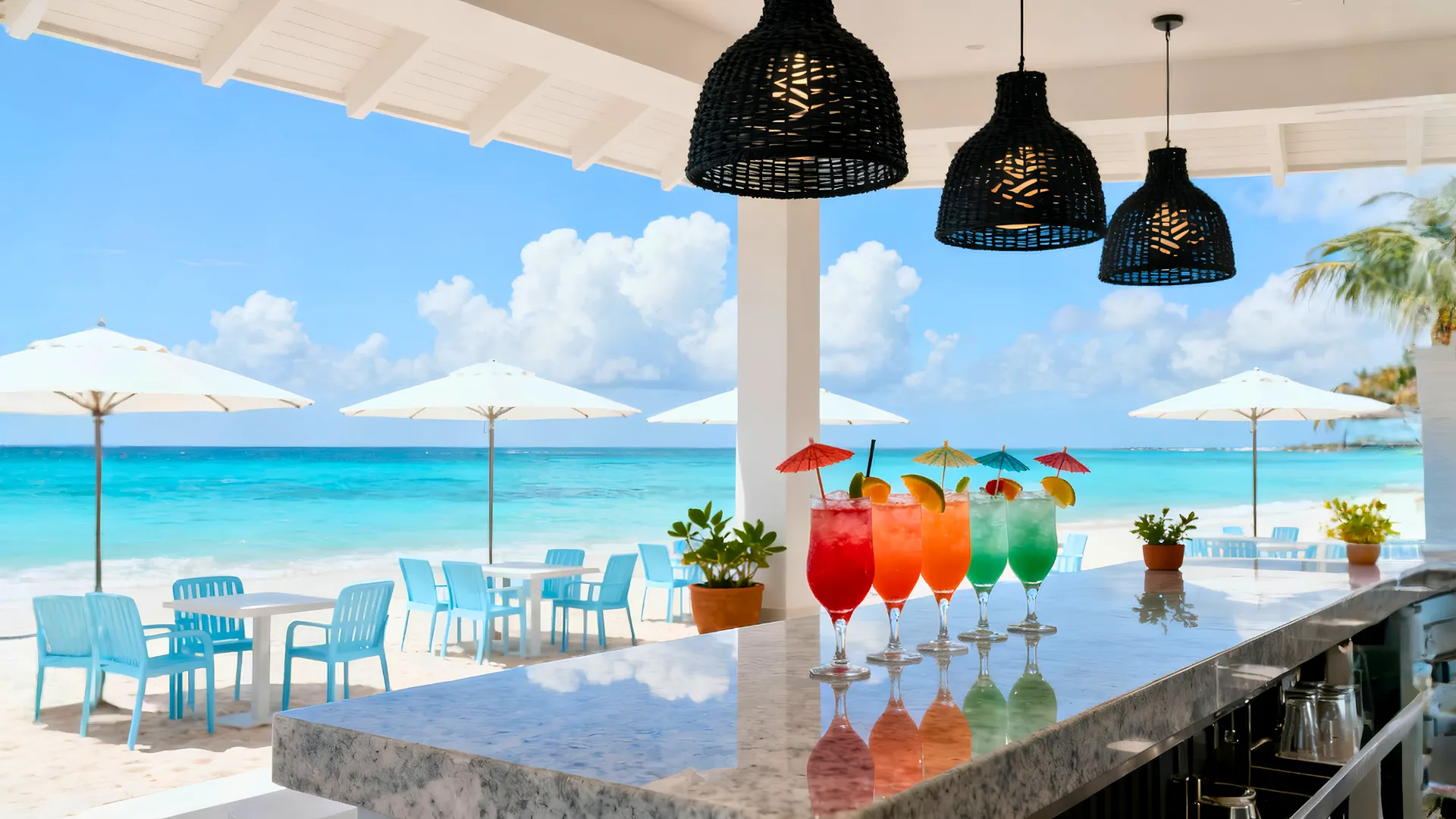 The beachside bar area at Óleo Cancun with colorful cocktails, offering a tropical vibe.
