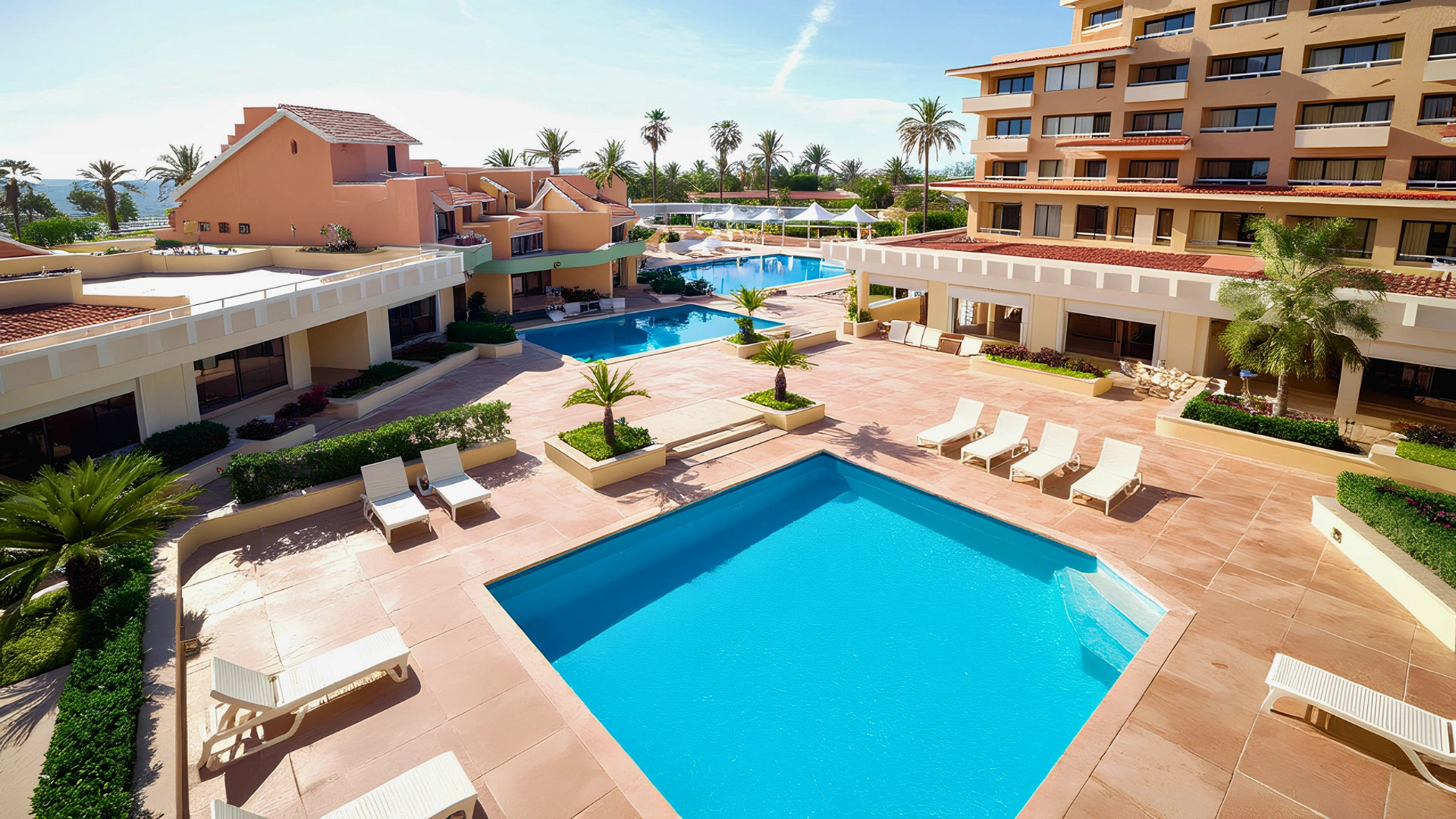 A bright courtyard view of a luxury Cancun resort with multiple swimming pools, sun loungers, palm trees, and ocean glimpses in the background.