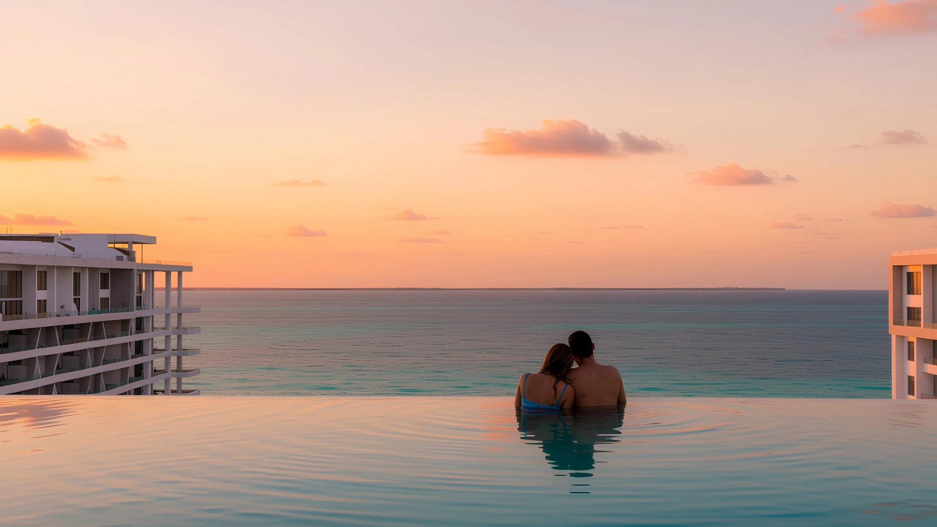 A couple enjoys a peaceful moment in the infinity pool at Garza Blanca Cancun, with a breathtaking sunset over the ocean in the background.