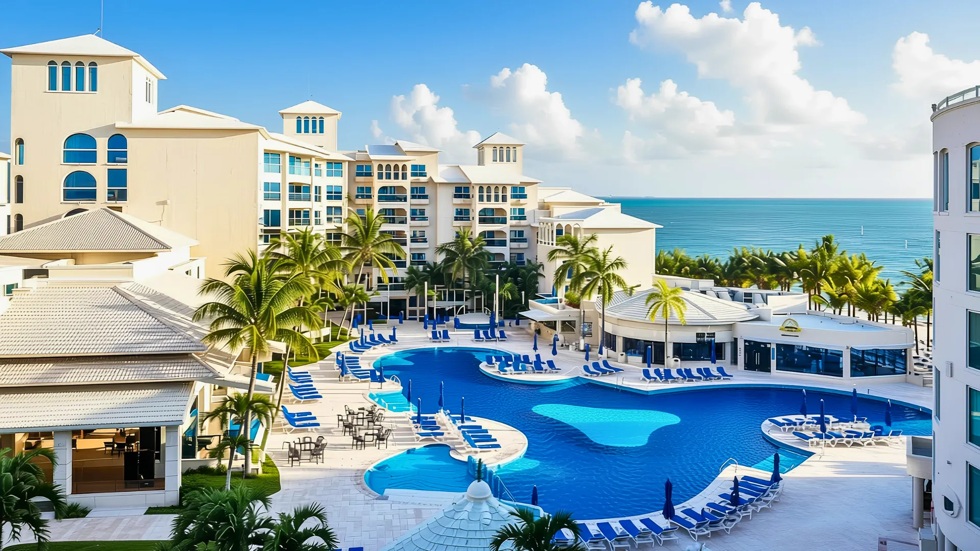 Occidental Costa Cancún with its beautiful pools and palm trees surrounding the resort.