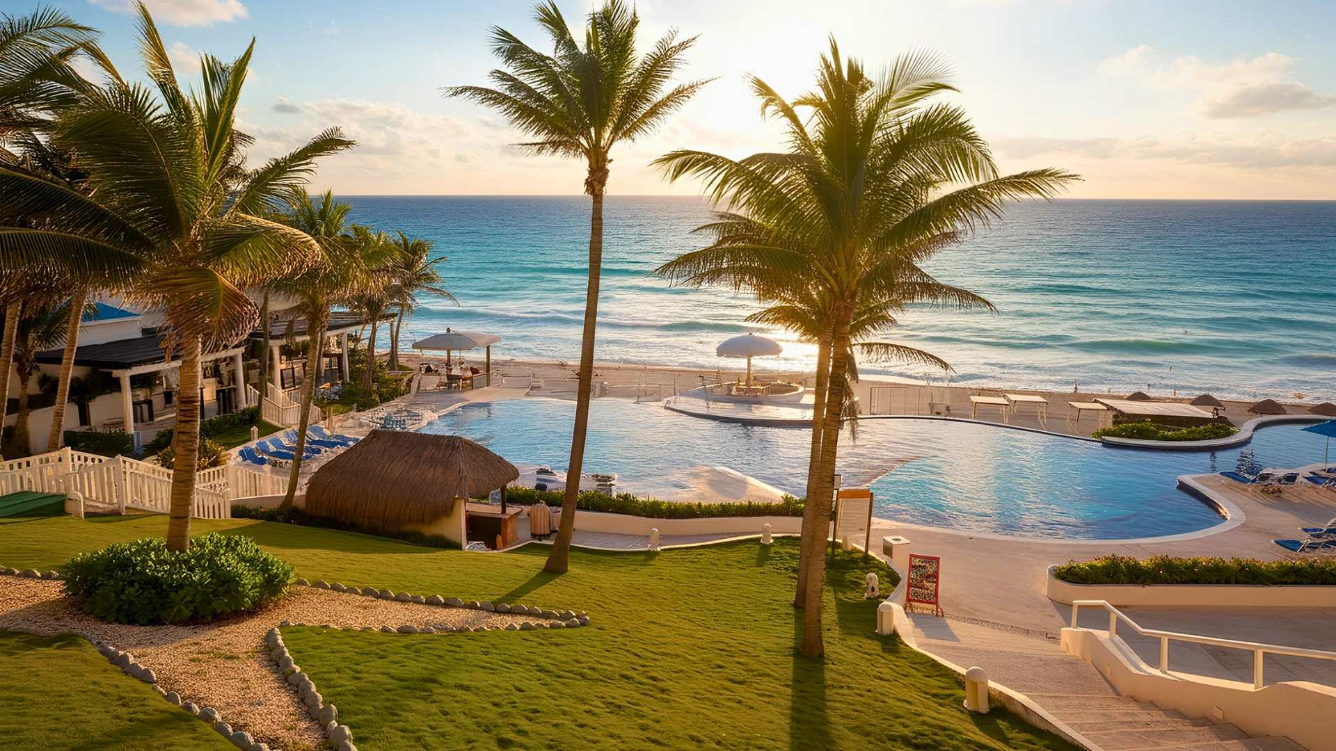 Beachfront pool with palm trees, ocean, and sunset.