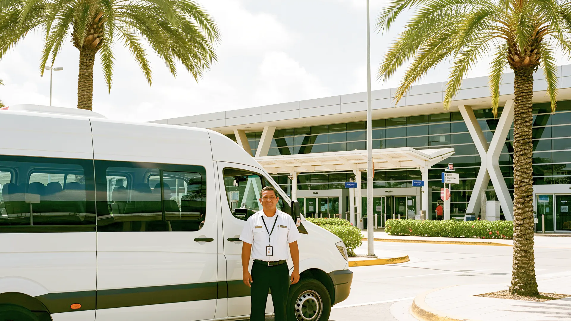 Professional Cancun shuttle driver standing beside a white airport van in front of Cancun International Airport.