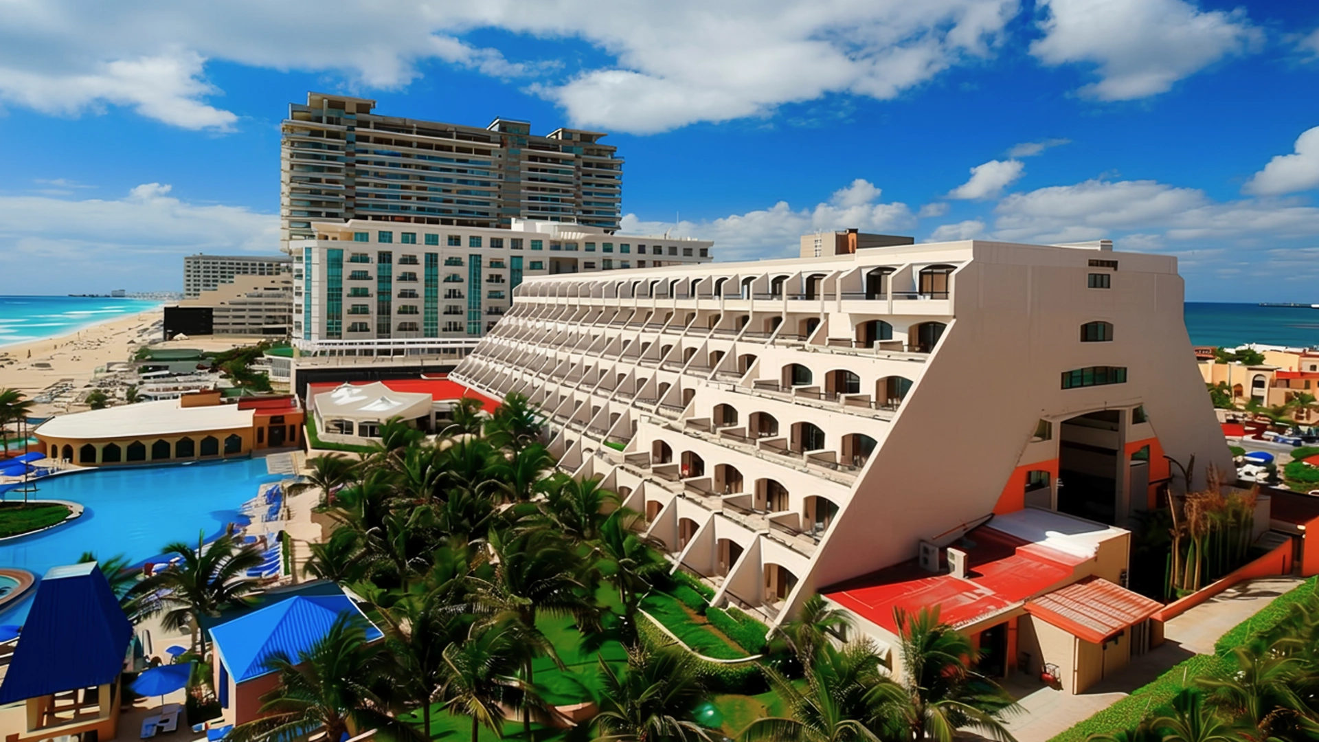  Resort building at Golden Parnassus Cancun with multiple floors, pool, palm trees, and ocean view.