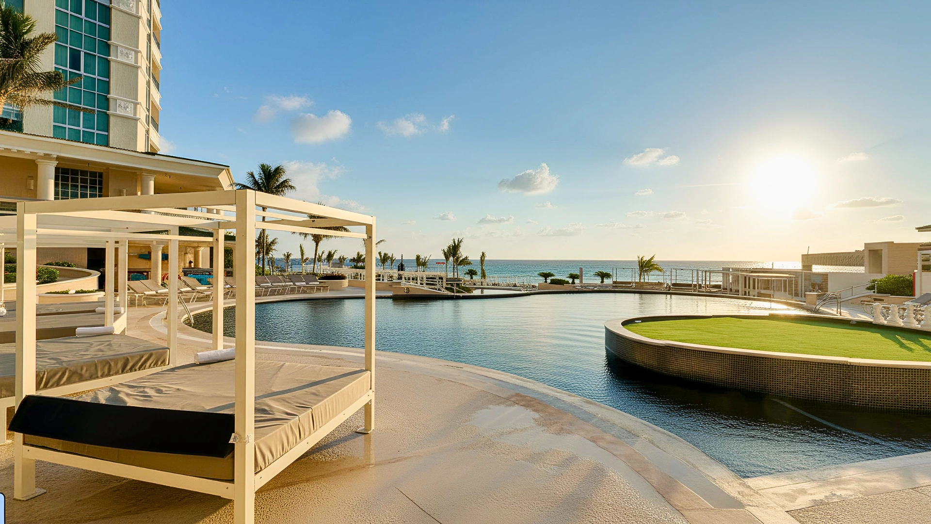  Multi-level infinity pools, cabanas, and tall resort building with beachfront view.