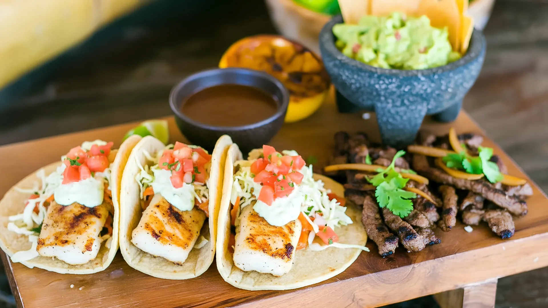 Tray of grilled fish tacos, steak strips, guacamole, and sauces served at Azul Beach Resort Riviera Cancun.
