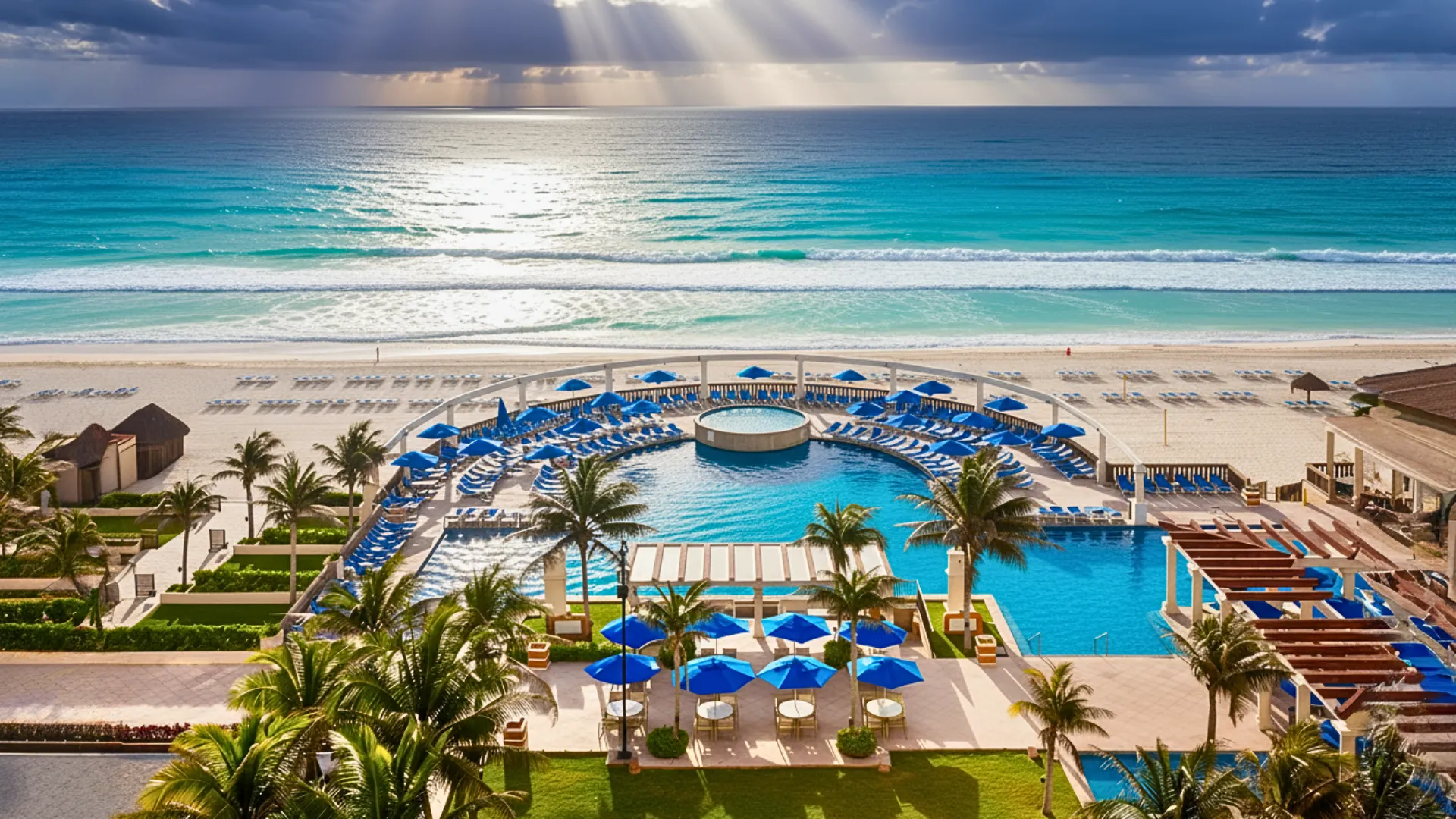 Aerial view of Marriott Cancun’s oceanfront infinity pool surrounded by blue loungers and palm trees, with the Caribbean Sea in the background.