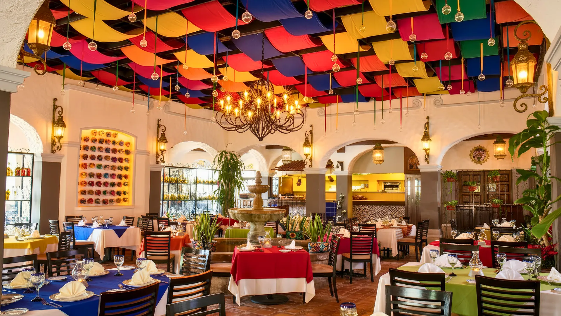 Vibrant restaurant interior at Krystal Cancun with colorful decor.