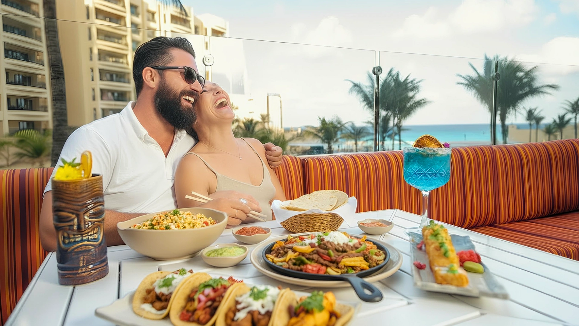  A couple enjoying their meal at a restaurant in Royal Sands Cancun, sitting by the beach.
