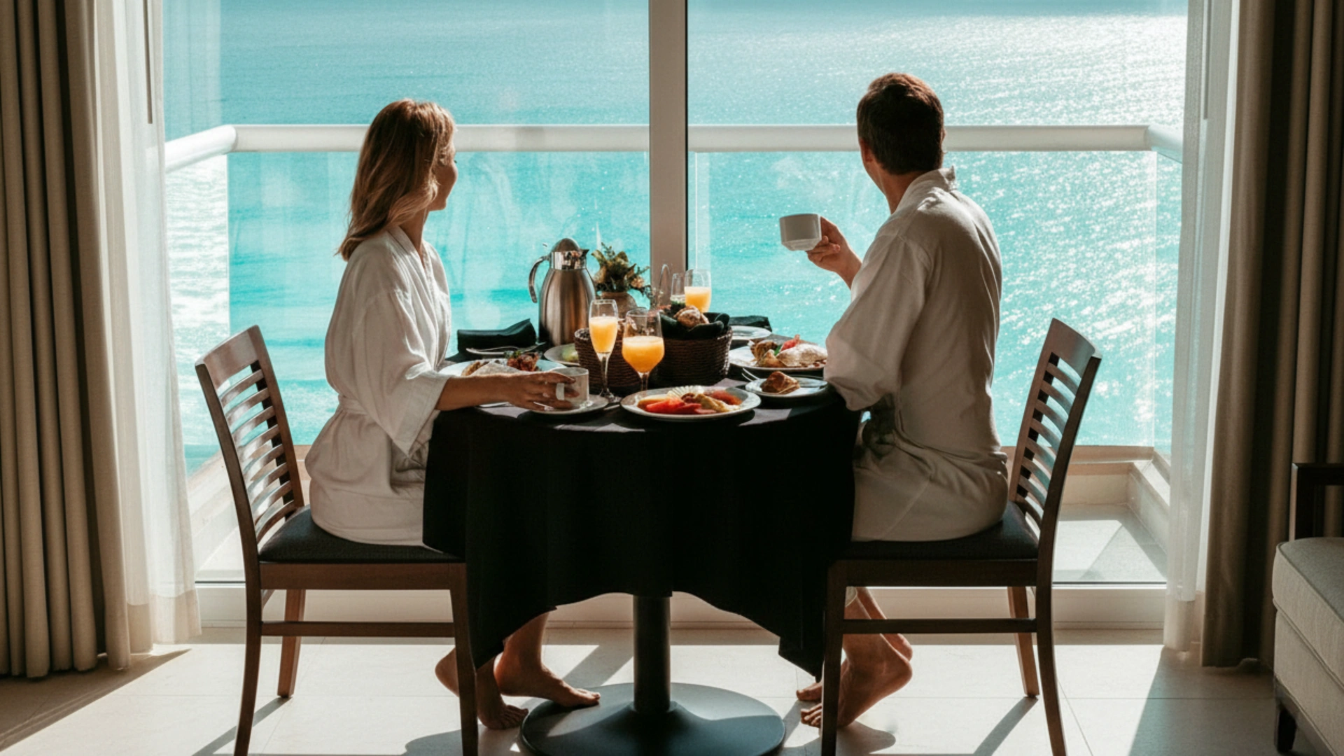  A couple enjoying a romantic breakfast with a scenic ocean view at Hard Rock Cancun, featuring a table with food and drinks by a large window overlooking the sea.