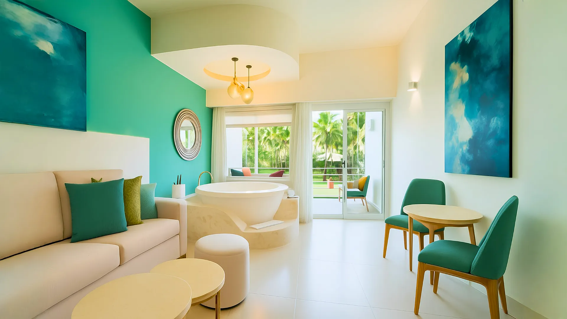 Bright and modern suite interior with a jacuzzi and balcony view at Azul Beach Resort Riviera Cancun.