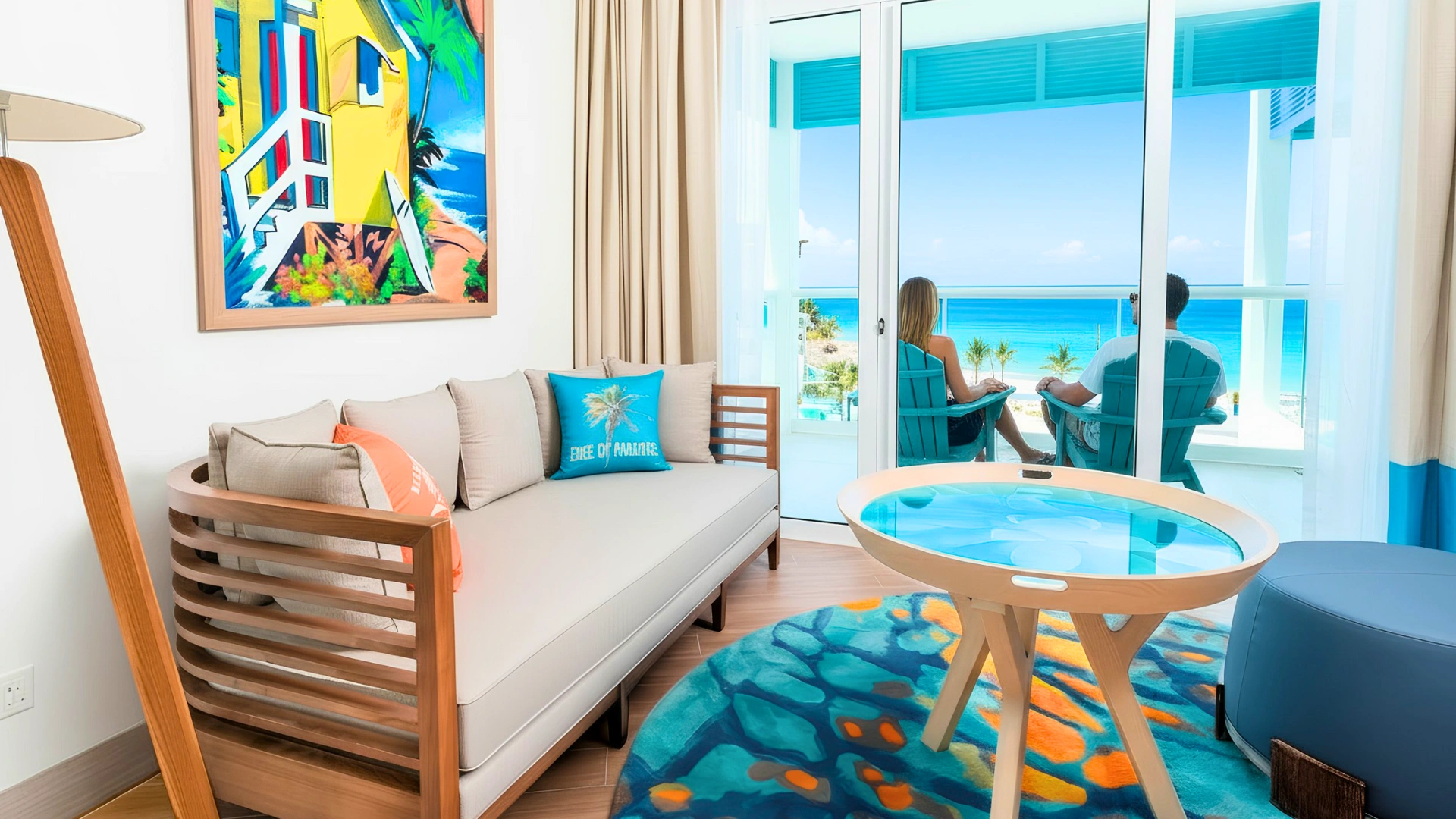 A vibrant living room area in a one-bedroom suite with ocean view and modern decor, featuring a cozy seating area with an ocean-view balcony.