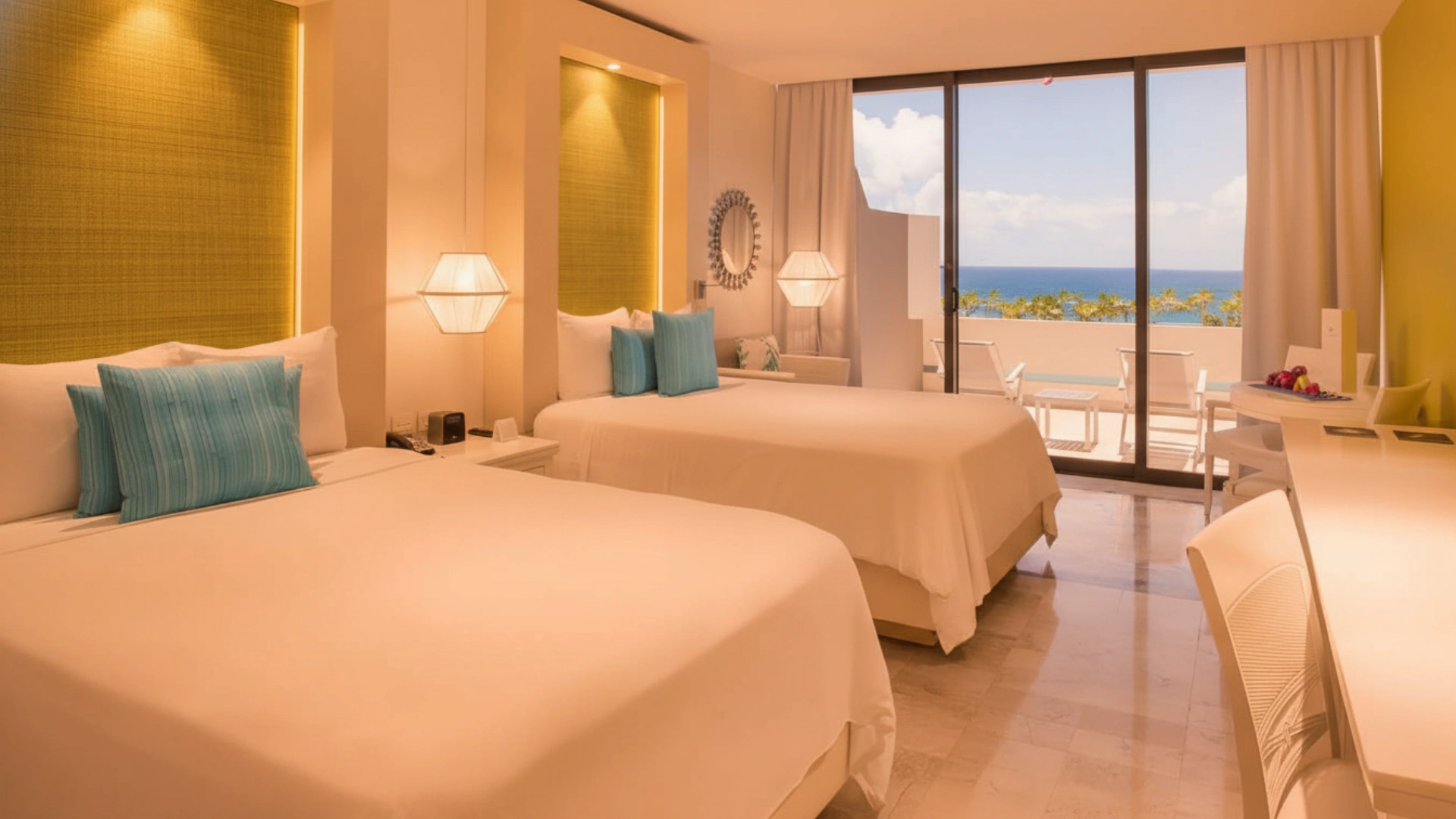 A luxurious hotel room with two double beds, teal pillows, warm lighting, and a large window offering a view of the ocean.
