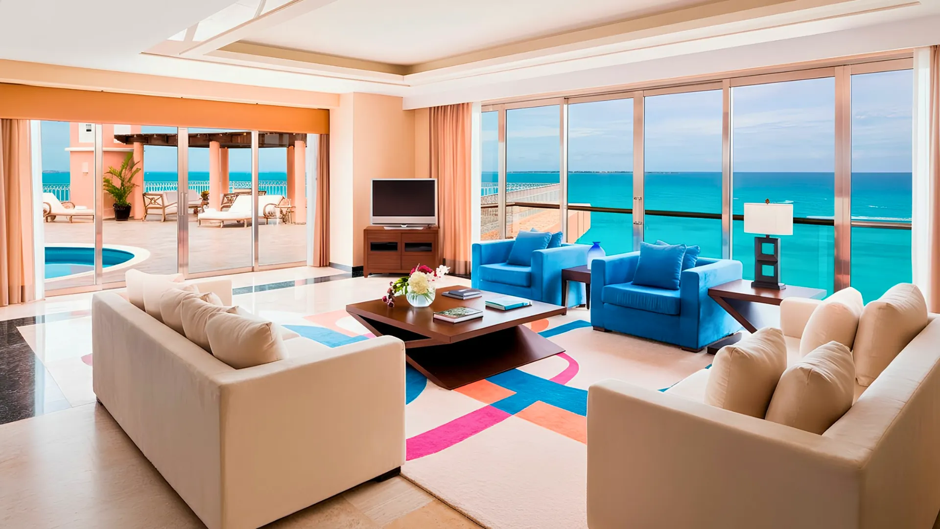 Oceanfront luxury suite with panoramic Caribbean Sea views at Grand Fiesta Americana Coral Beach Cancun.