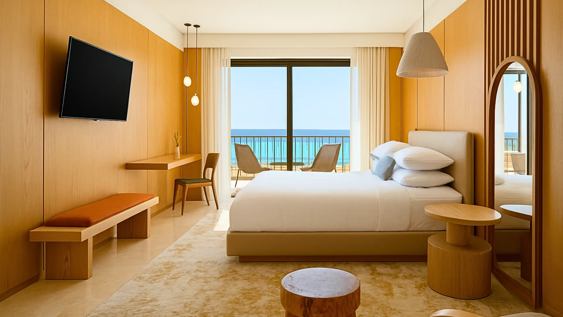 Interior view of a modern hotel room at Marriott Cancun with a large bed, wooden furniture, and a balcony facing the ocean.
