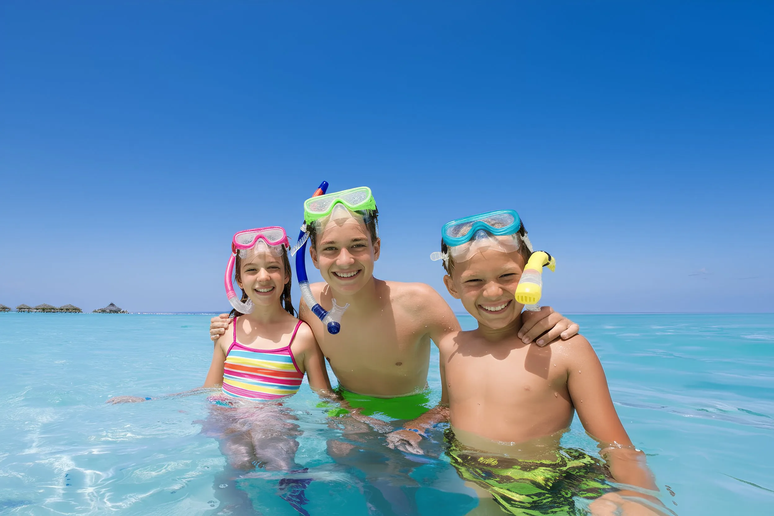 Three children smiling and snorkeling in the clear waters of Cancun.