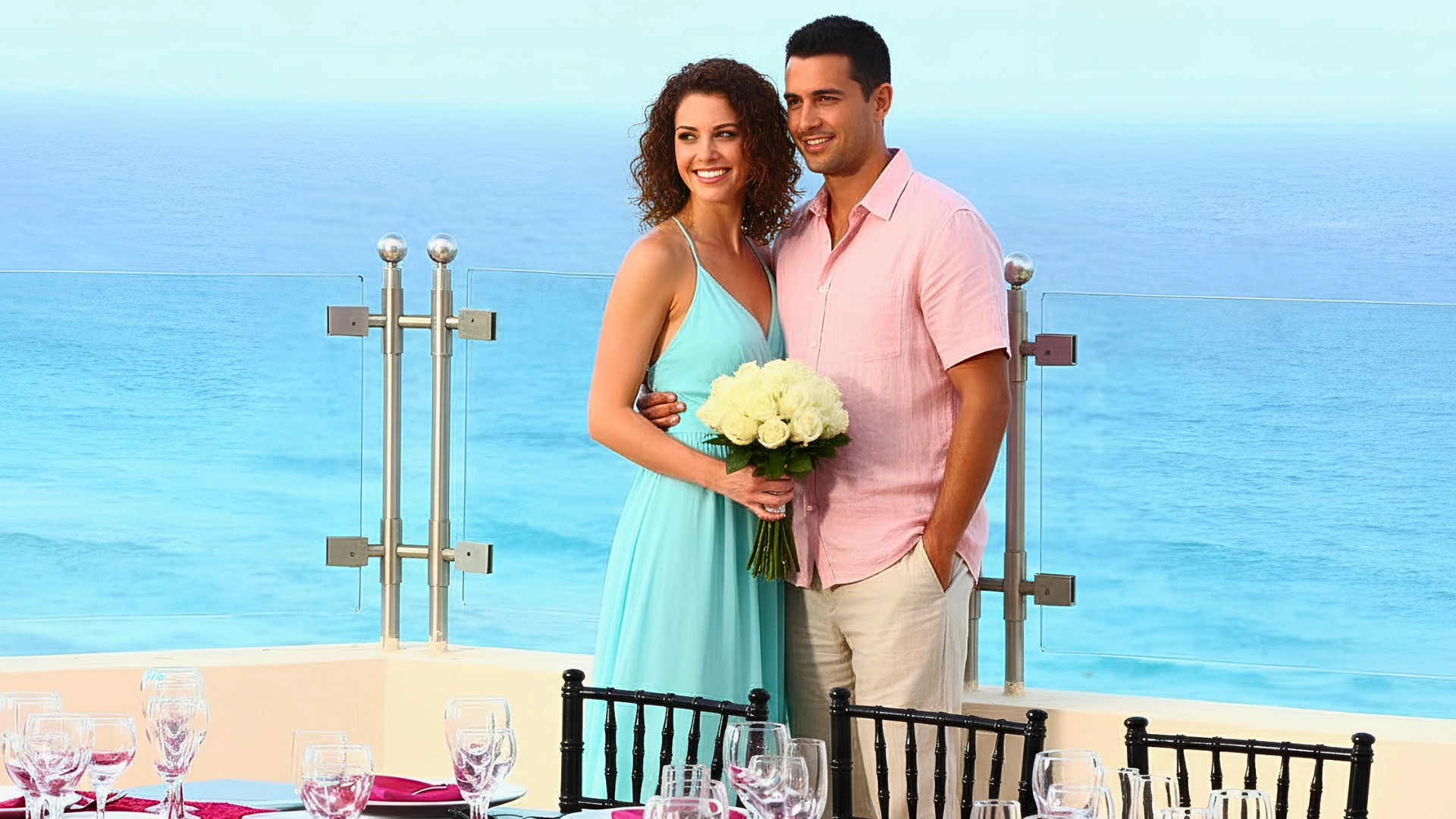 Smiling couple with bouquet on oceanfront balcony with dining setup.