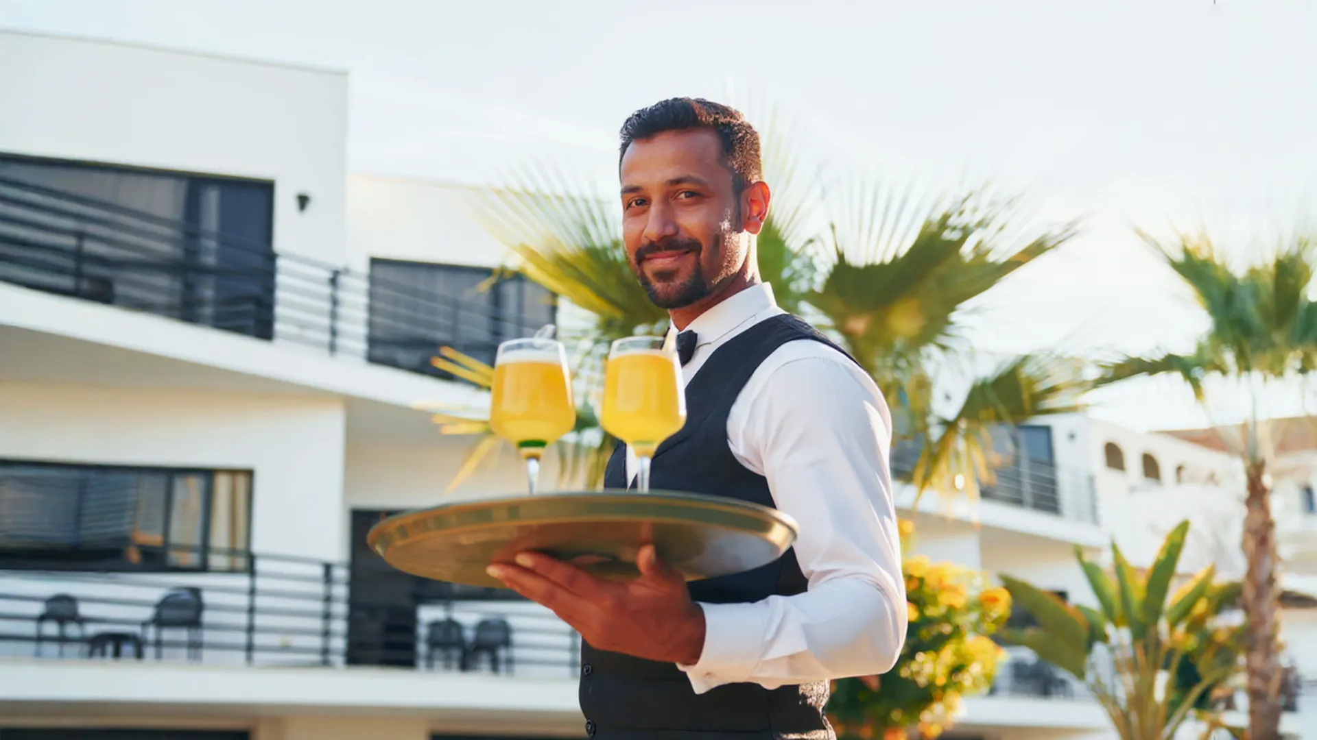 Smiling waiter serving fresh drinks at Azul Beach Resort Riviera Cancun.