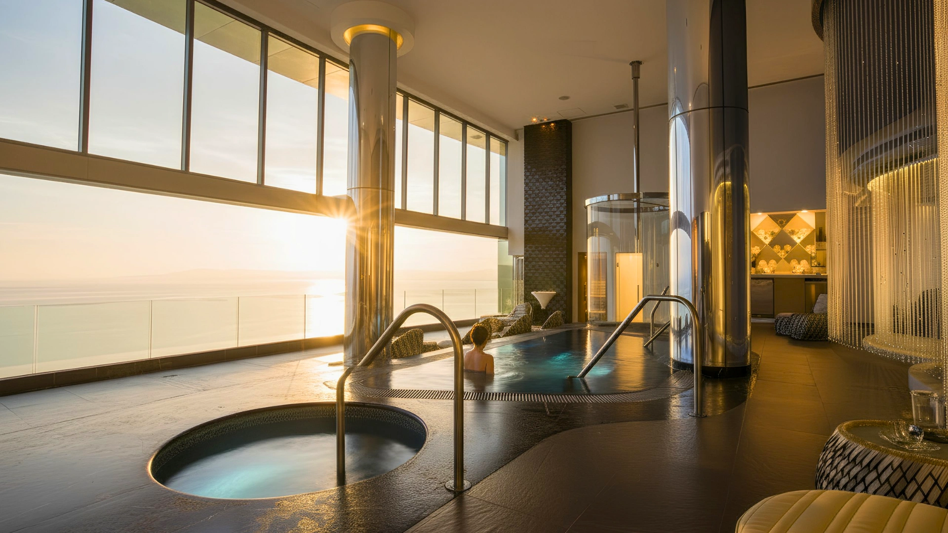 A luxurious spa area at Garza Blanca Cancun with stunning panoramic views of the ocean, offering guests a tranquil and relaxing experience.