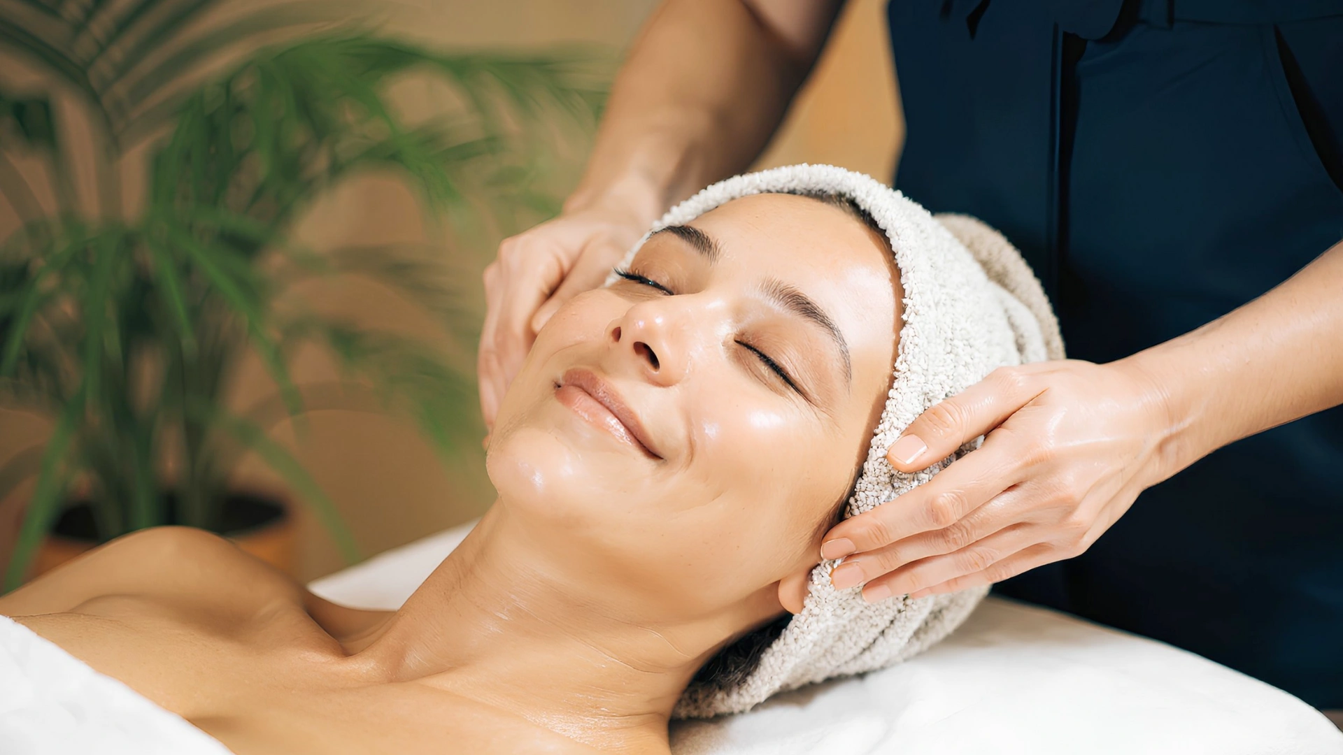 A relaxing spa treatment with a woman receiving a soothing head massage at a luxury spa.