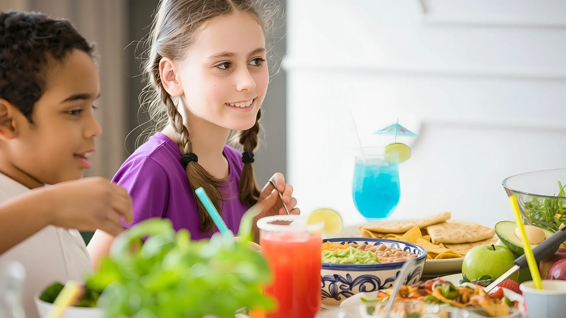 Children enjoying colorful meals and drinks at Nickelodeon Riviera Maya family restaurant.