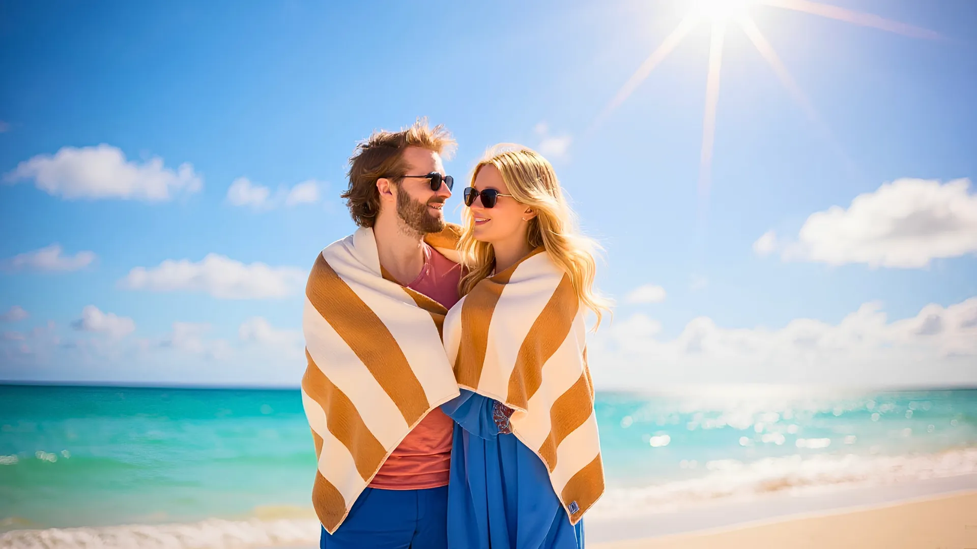 Romantic couple wrapped in a striped blanket on the beach at Dreams Riviera Cancun.