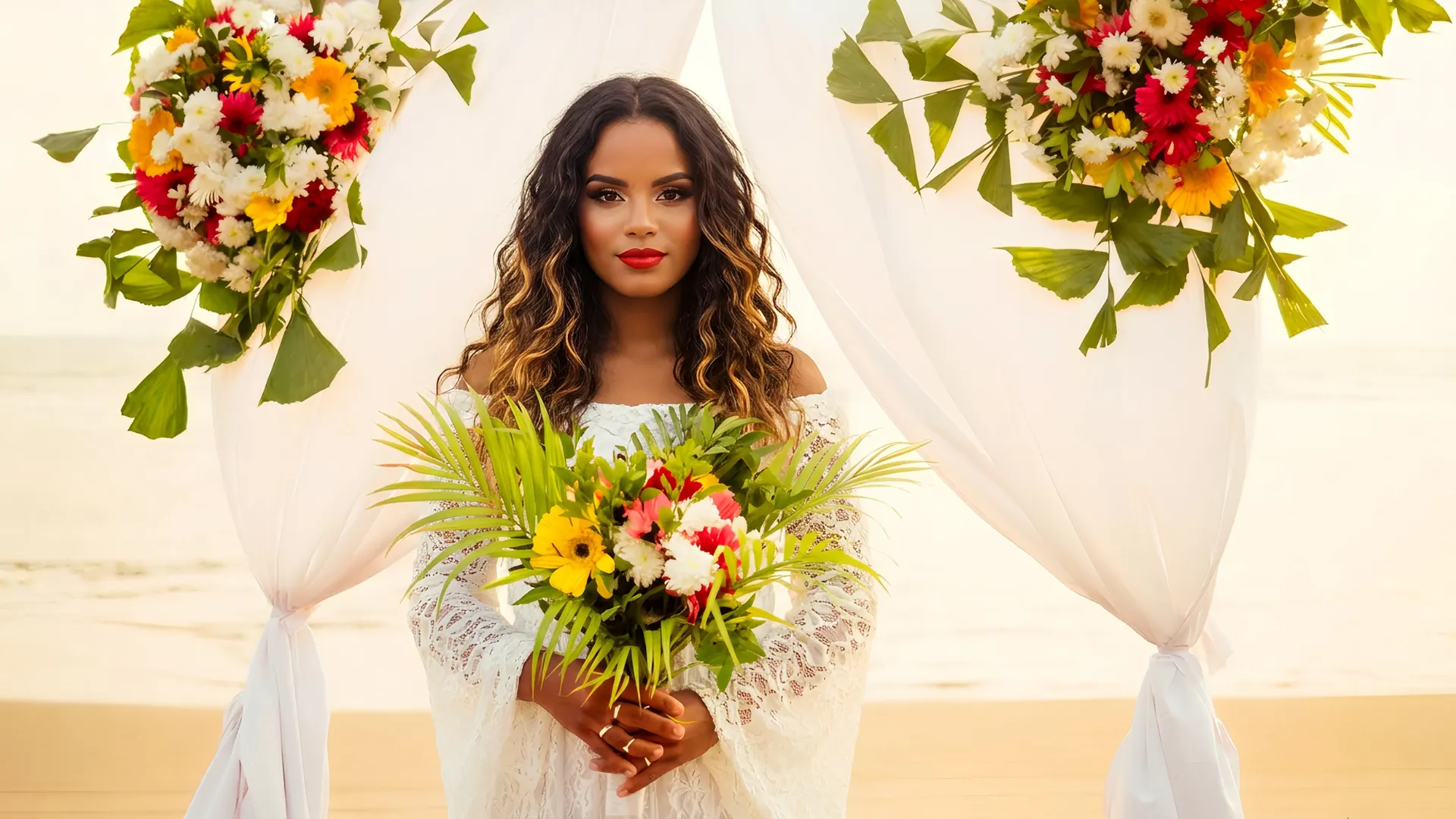 Bride holding a colorful bouquet under a floral arch on the beach at Azul Beach Resort Riviera Cancun.