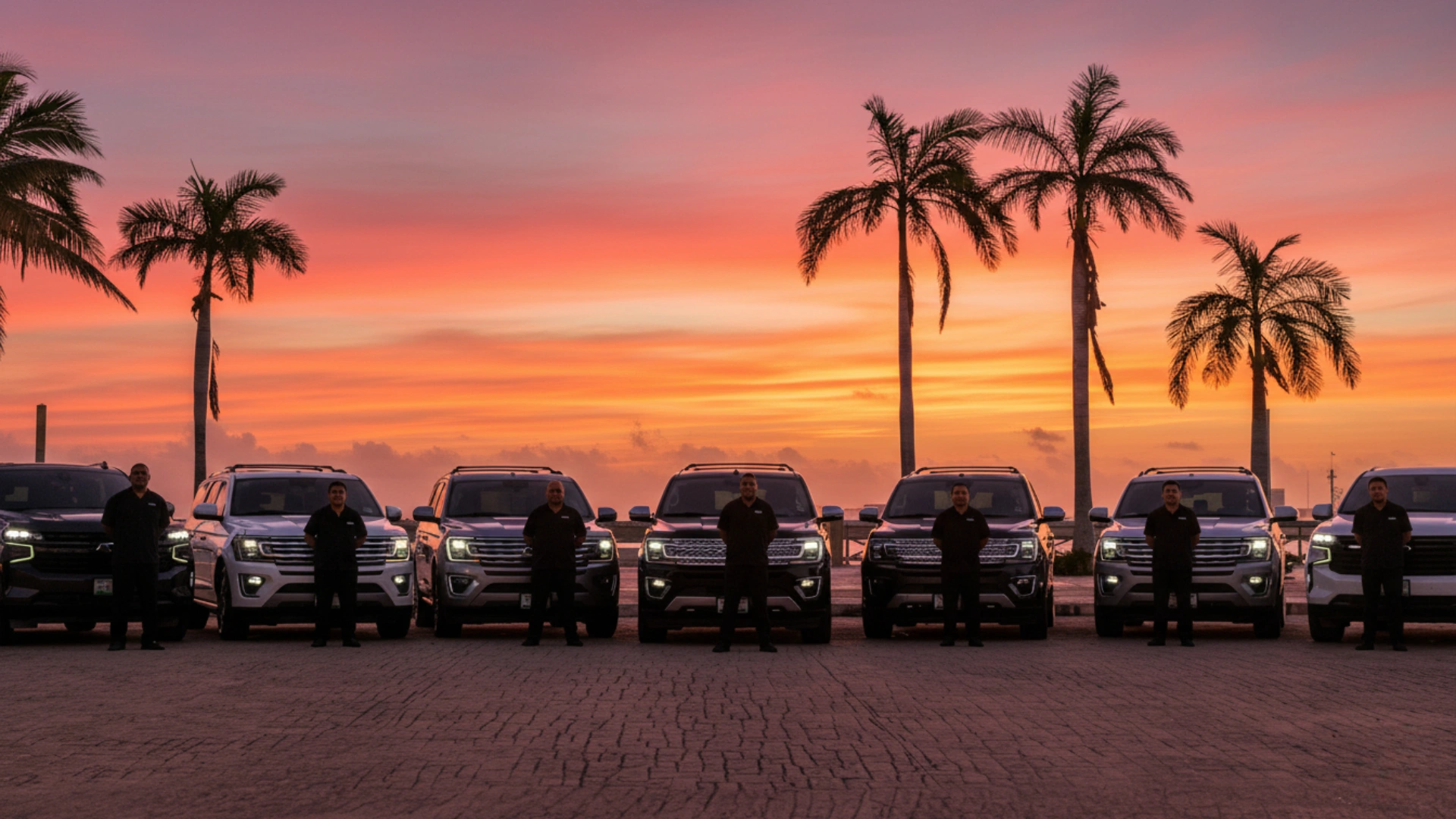  A row of luxury SUVs with drivers standing in front, lined up against a vibrant sunset sky with palm trees in the background.