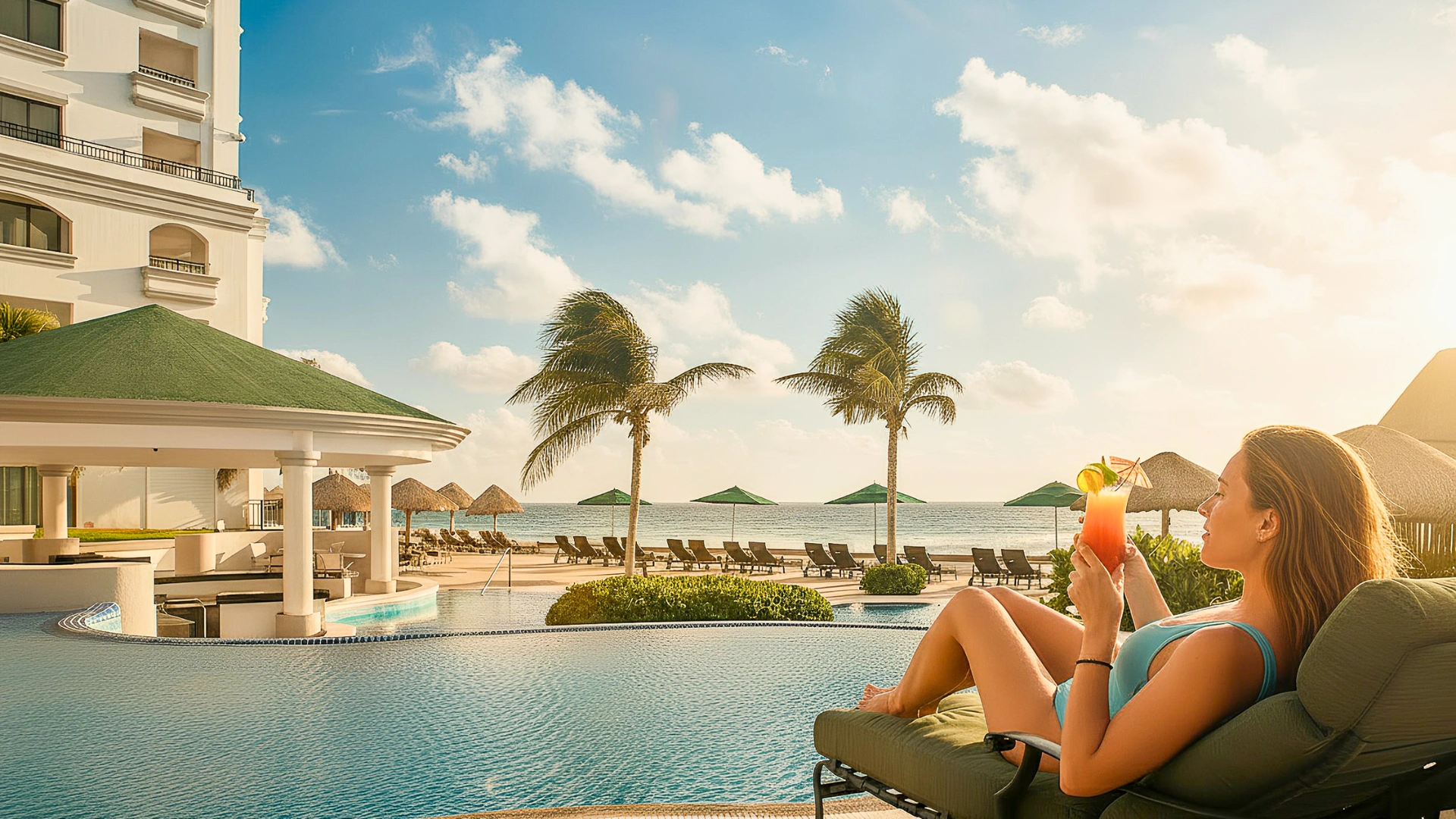  A guest enjoying a refreshing cocktail by the pool with a stunning beachfront view of the JW Marriott Cancun. 