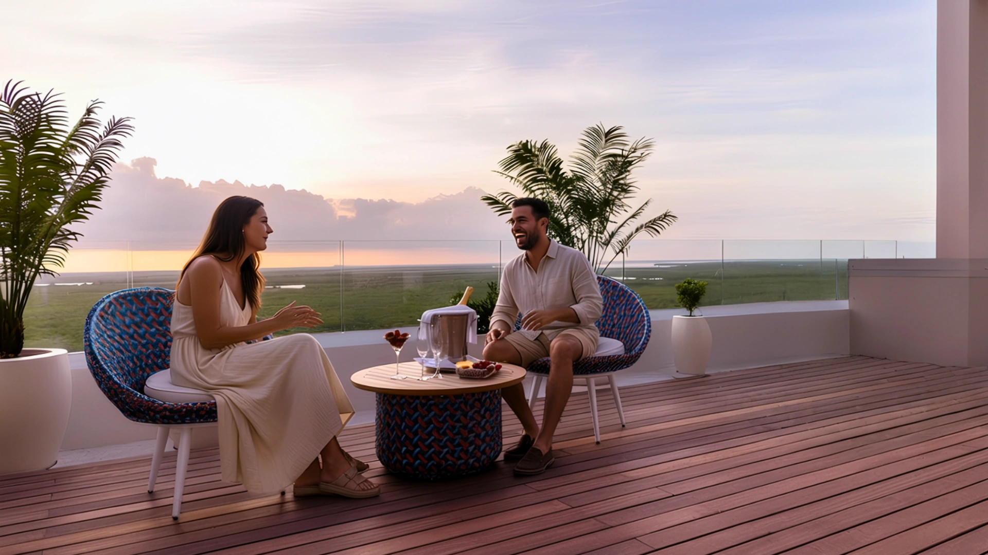 A couple relaxes on their balcony at Garza Blanca Cancun, enjoying a sunset with drinks in hand.