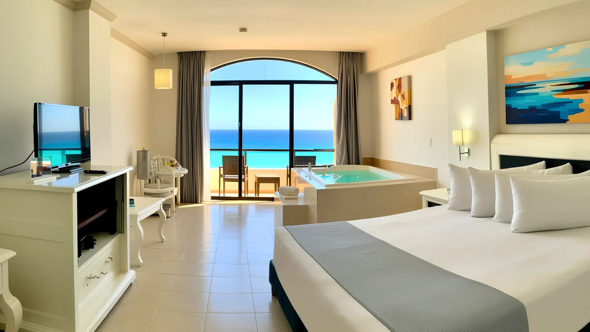  Ocean-view room with jacuzzi, sea views, and modern decor.