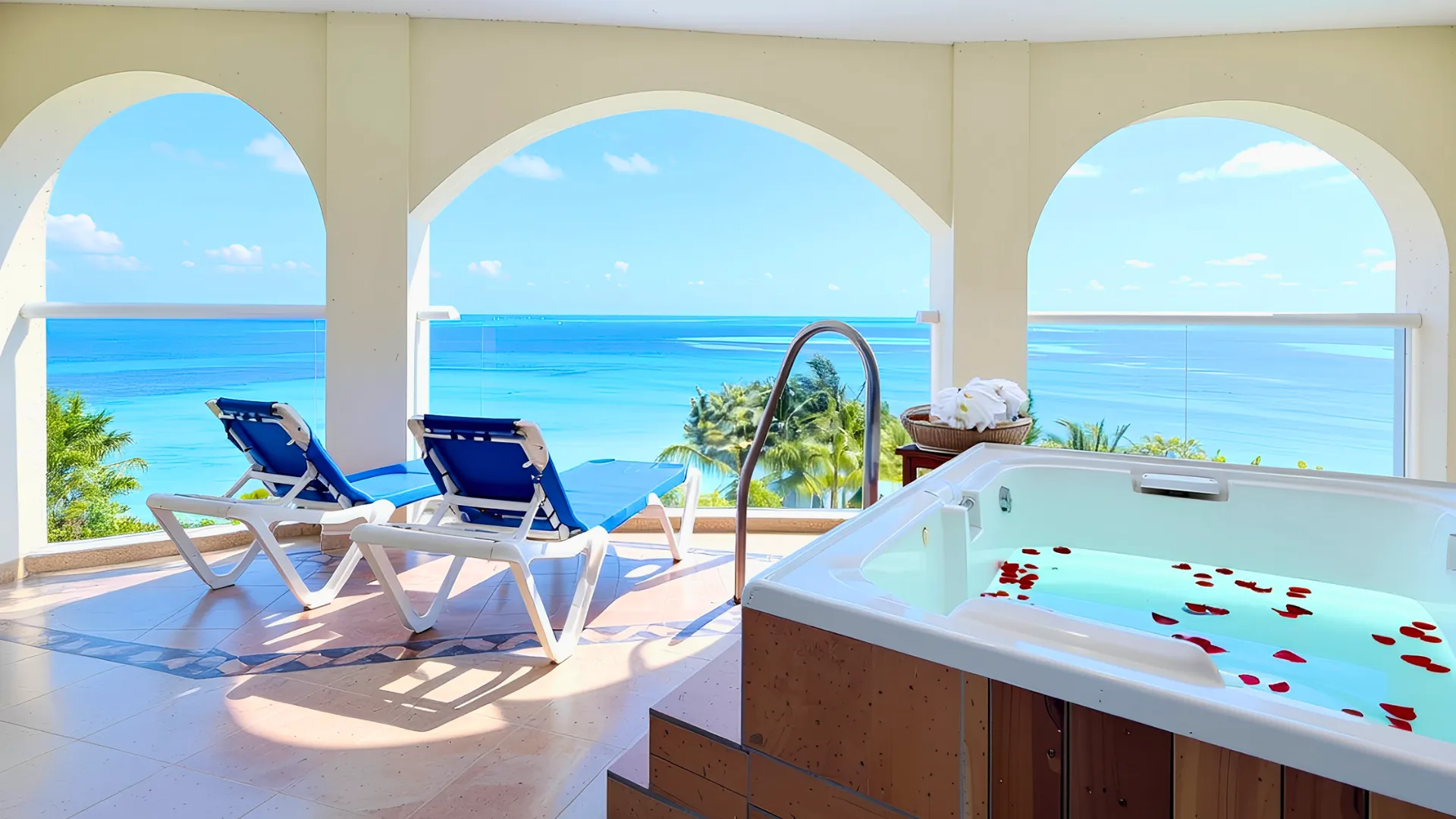 Balcony view with lounge chairs and a jacuzzi, offering a panoramic ocean view at Occidental Costa Cancun.
