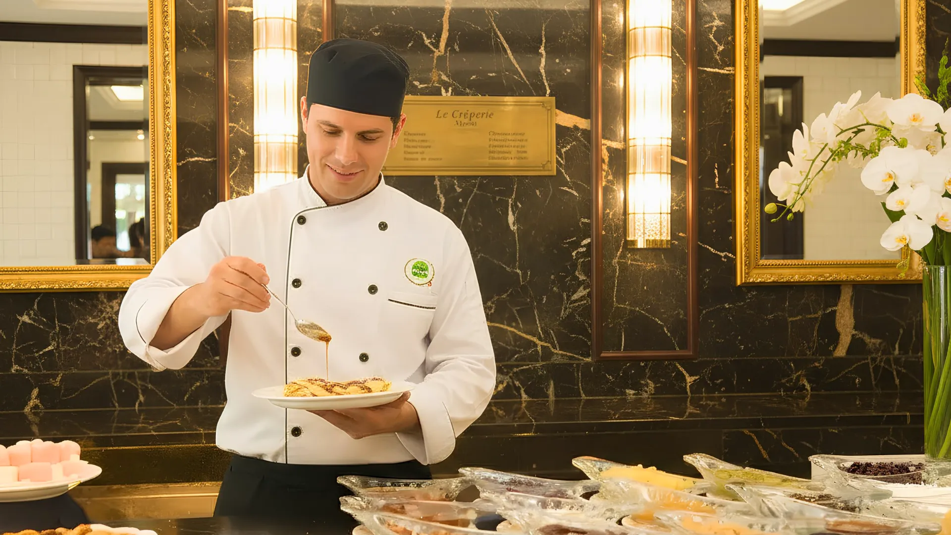  Chef in white uniform preparing food at Golden Parnassus Cancun, with a plate of crepes and elegant decor.