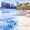 Creative photo blending Boston’s frozen cityscape with Cancun’s sunny beach, symbolizing a flight escape from winter to paradise.