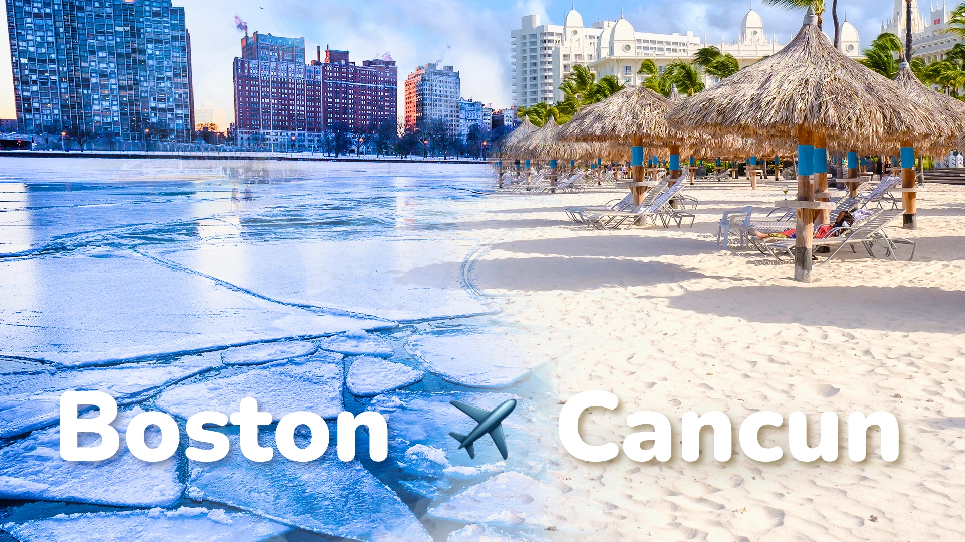 Creative photo blending Boston’s frozen cityscape with Cancun’s sunny beach, symbolizing a flight escape from winter to paradise.