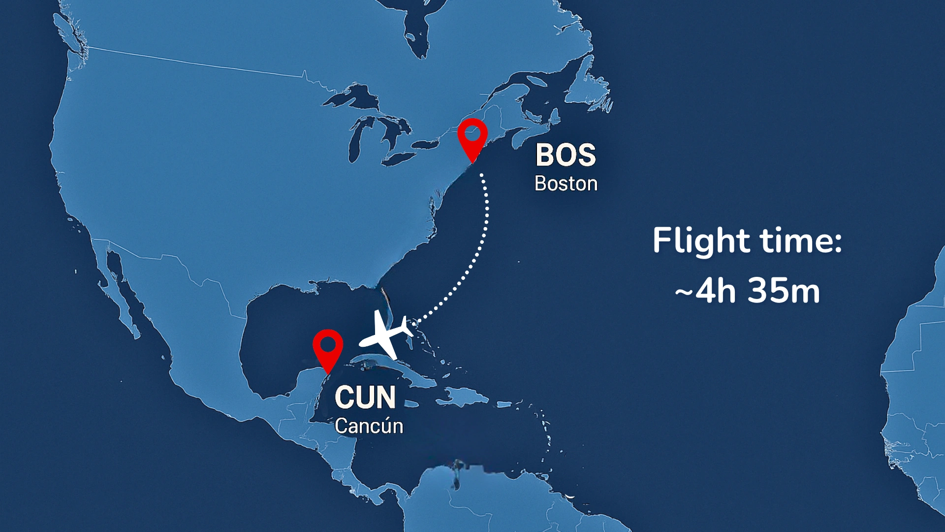 Flight route map from Boston Logan International Airport (BOS) to Cancun International Airport (CUN) showing a 4-hour 35-minute nonstop flight path.