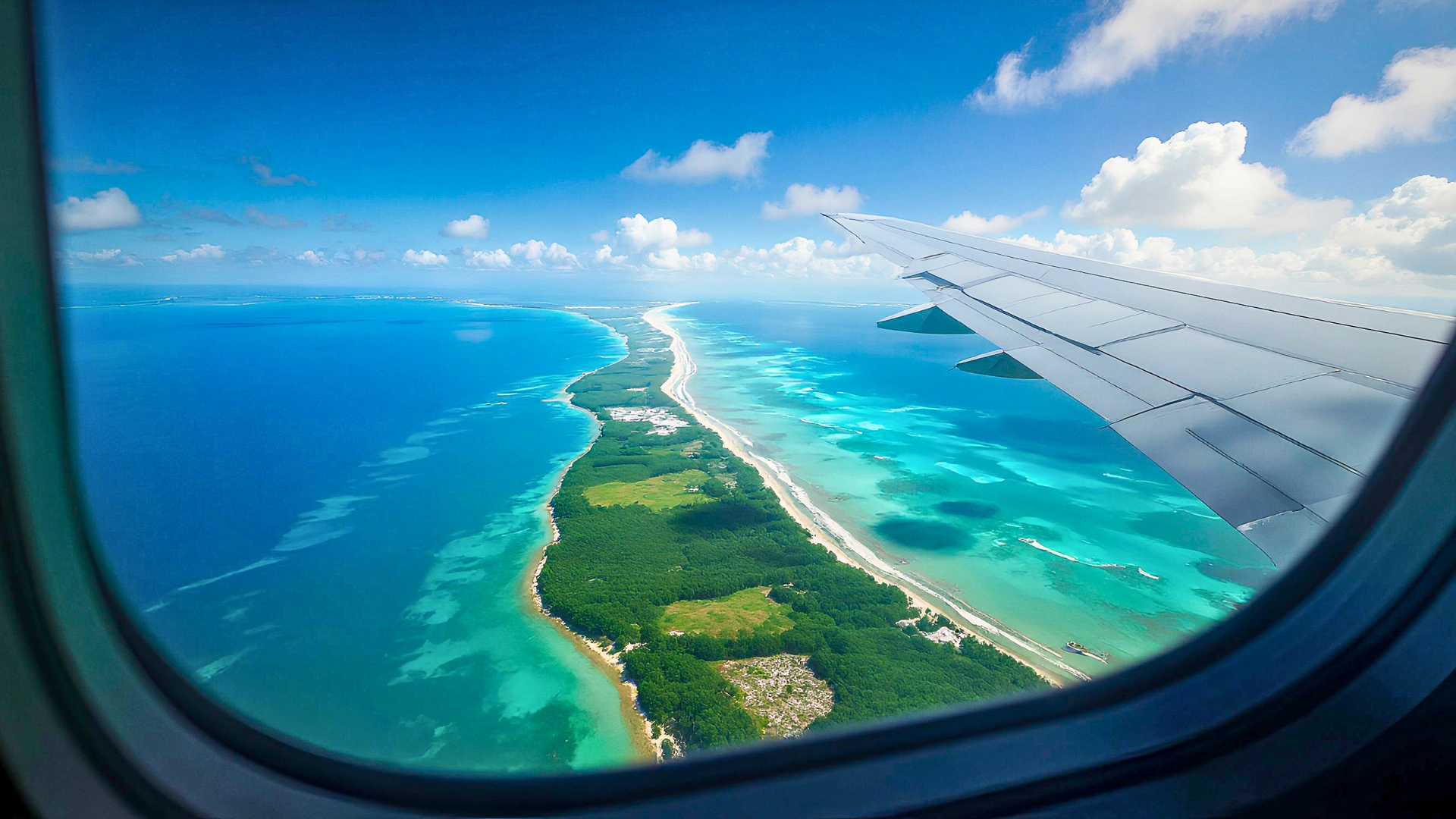 View of Cancun’s coastline and turquoise Caribbean Sea from an airplane window during a Boston to Cancun flight.
