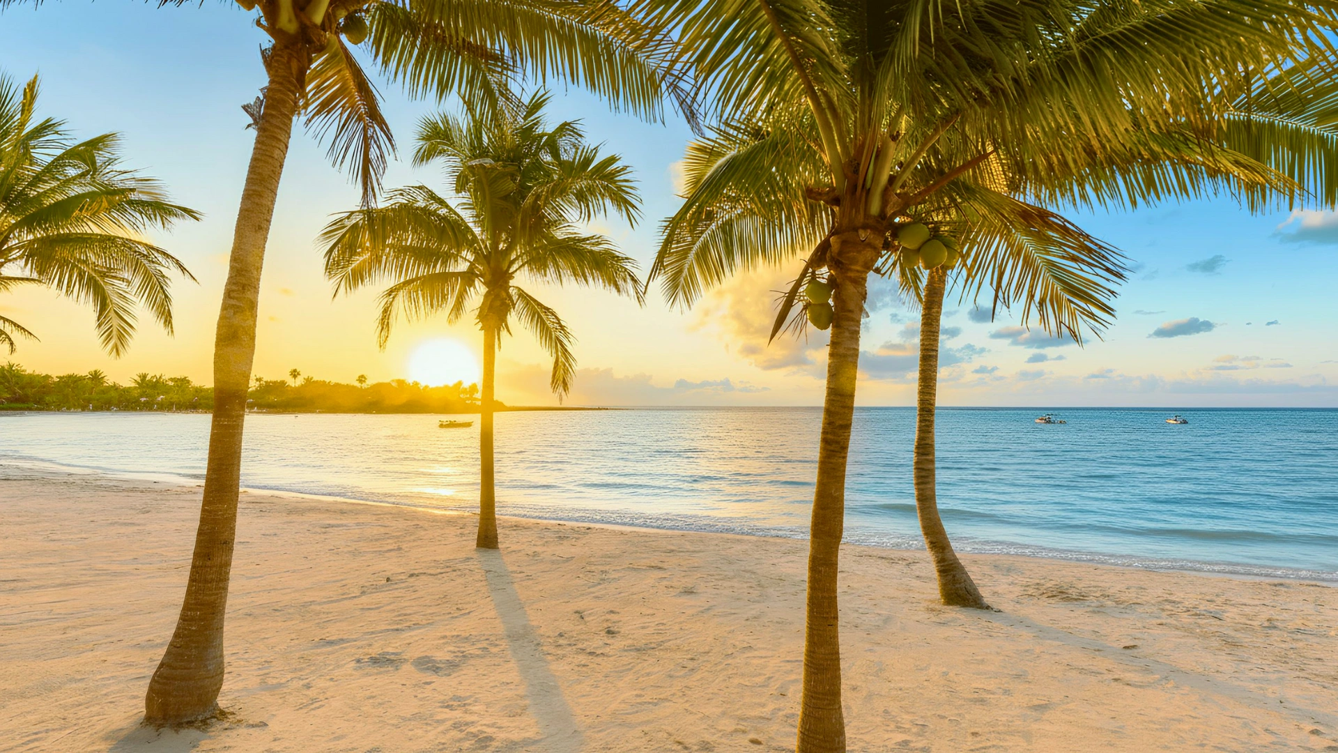 Tropical beach in Cancun with palm trees and golden sunset over the Caribbean Sea.