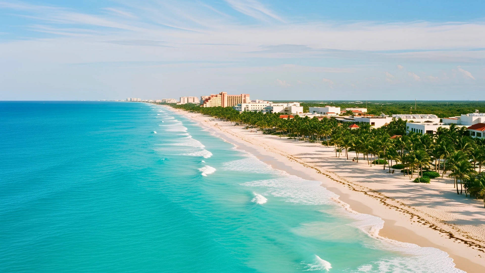 Aerial view of Cancun’s turquoise coastline and white sand beaches near the Hotel Zone.