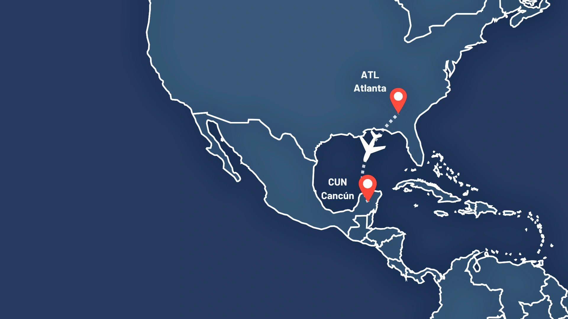 Map showing flight route from Atlanta (ATL) to Cancun (CUN) across the Gulf of Mexico.