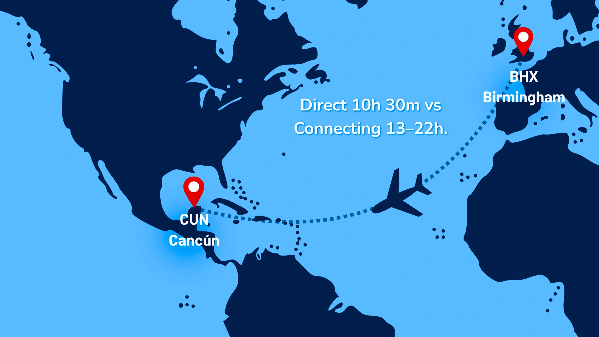 Map showing the flight path from Birmingham (BHX) to Cancun (CUN) with direct and connecting travel times.