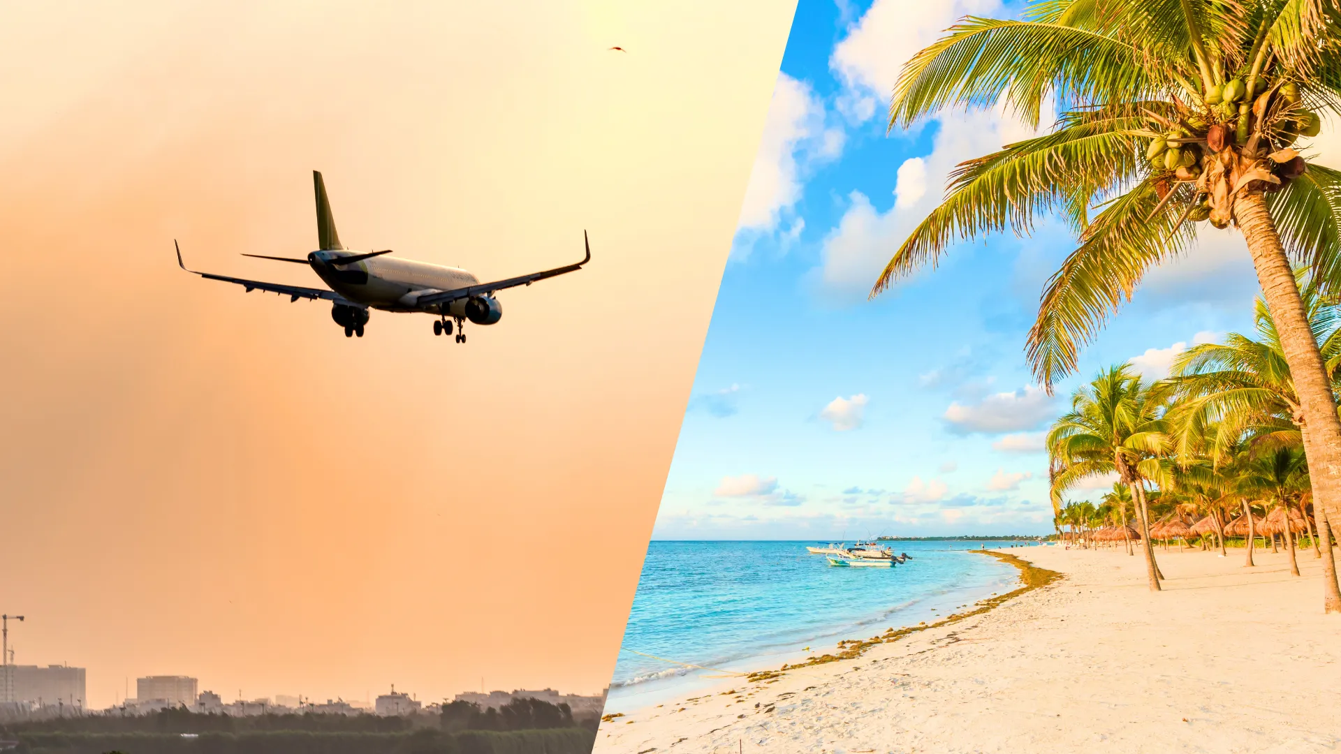 Split image showing a commercial airplane landing at sunset and a tropical beach in Cancun with palm trees and turquoise water.