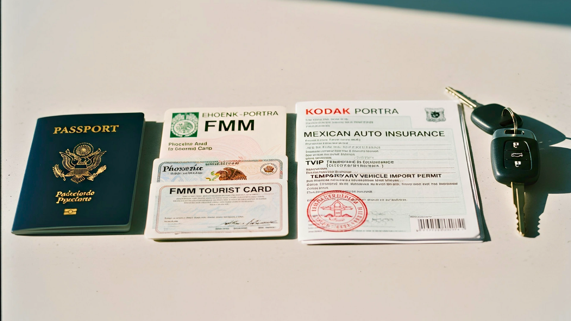 A close-up of travel documents and a car key, including a passport, FMM tourist card, Mexican auto insurance, and vehicle import permit.