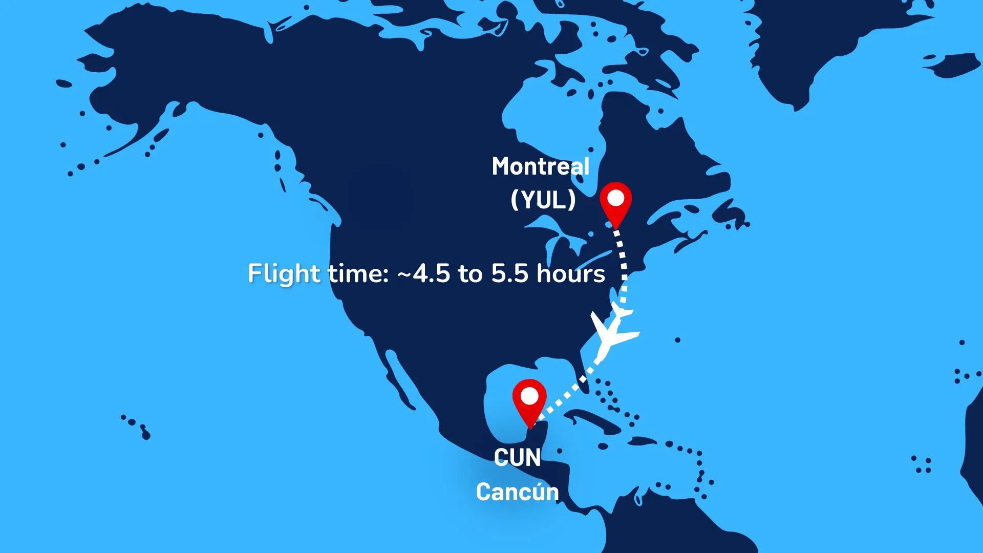 Map showing the direct flight route from Montreal (YUL) to Cancun (CUN) with an estimated flight time of 4.5 to 5.5 hours.