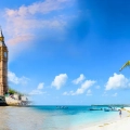 Big Ben and Cancun’s beaches side by side, symbolizing the journey from London to paradise.