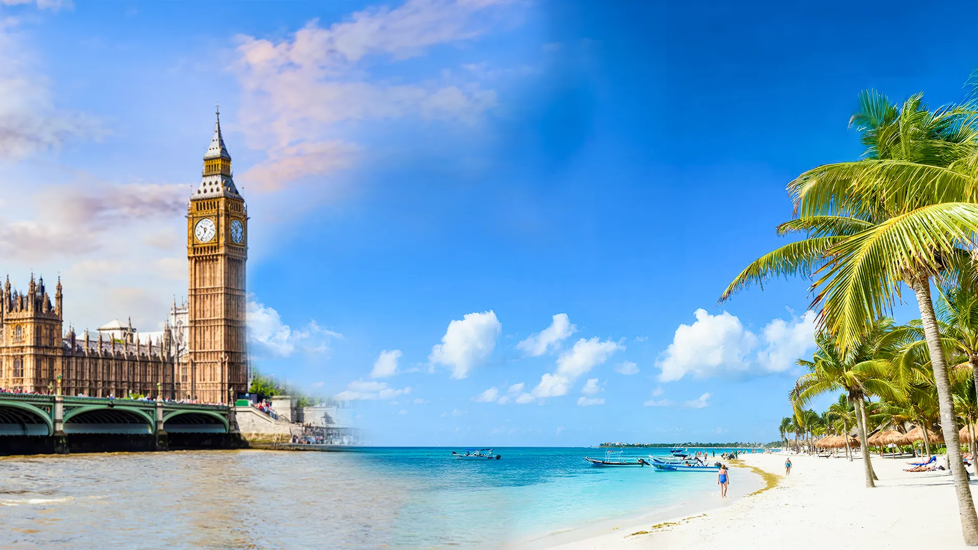 Big Ben and Cancun’s beaches side by side, symbolizing the journey from London to paradise.